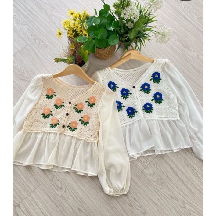 Top Blouse KOREA Rajut Bordir Chiffon Import