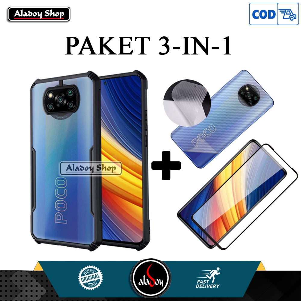 PAKET Case POCO X3 PRO 2021 Casing + Tempered Glass Layar + Skin Carbon