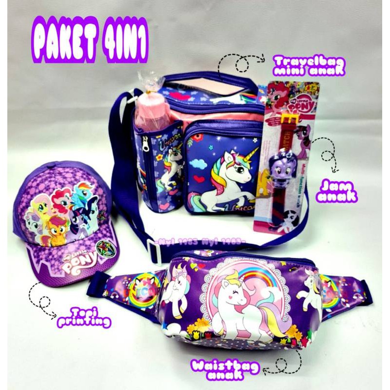 PAKET HEMAT 4IN1 ^^ Ransel/Travelbag -- Topi printing - Jam tangan - Waistbag Anak Perempuan