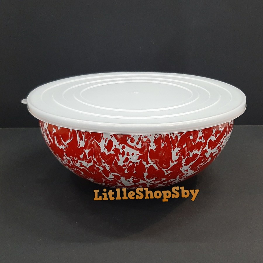 Rantang Mangkok Bowl Enamel Tutup Plastik 27cm Merah Blirik Marble