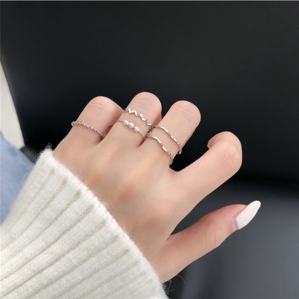 Cincin Wanita 5Pcs Set R09 Casual Korea Fashion Style Aksesoris Fesyen Cewe 5 Pcs Set Multi Mutiara Pearl Ring Rings