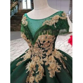 Ganu pengantin gaun pesta pernikahan mewah hijau bordir renda / gaun hijau  tua  wedding gown  ekor 