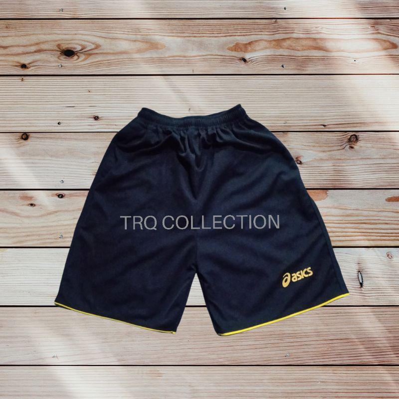 CELANA VOLI ASICS WARNA HITAM POLOS LIS KUNING PRIA WANITA DEWASA TERBARU TERLARIS TERBAIK TERMURAH