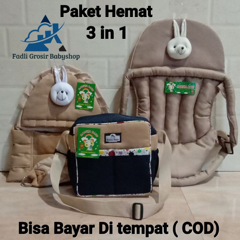 Gendongan Bayi Depan Topi Boneka Gendongan Bayi Samping Topi Boneka Dan Tas Bayi Strip ( 3 in 1 )