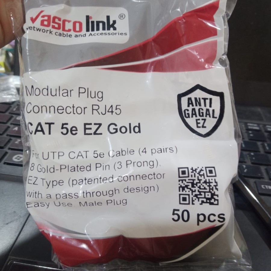 Konektor RJ45 Vascolink UTP Cat5 Gold EZ Anti Gagal Cat 5e Cat 5 50Pcs