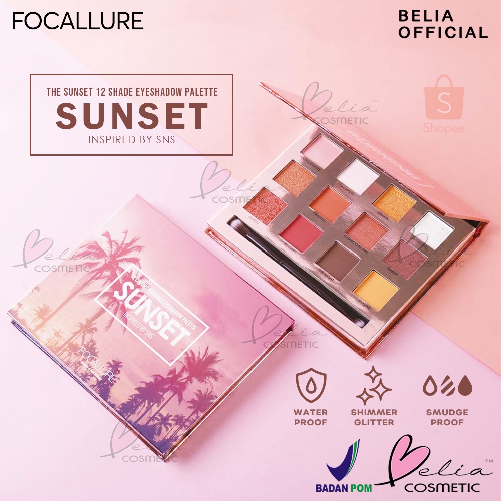 ❤ BELIA ❤ FOCALLURE Eyeshadow Palette SUNSET 12 Shade Warna FA50 | Shimmer Glitter Waterproof Smudgeproof | BPOM