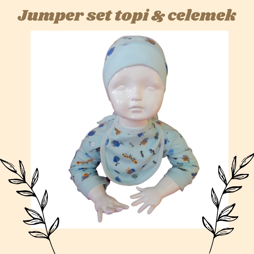 sleep suit karakter set celemek dan topi / baby jumper / baju bayi set