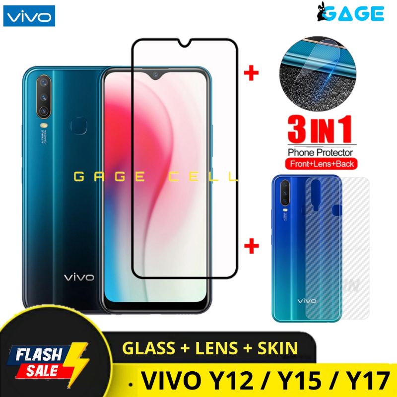 PROMO 3IN1 TEMPERED GLASS LAYAR KAMERA SKIN CARBON VIVO Y12 Y15 17 TG ANTI GORES FULL SCREEN GUARD