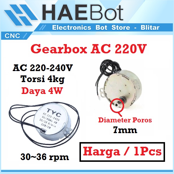 [HAEBOT] Dinamo Gear Gearbox Motor AC 220v TYC 30 36 RPM High Torsi 4W 4 Kg Power Besar CW CCW As Shaft 7 MM Synchronous Sinkronis Rotary Swing Torque Kipas Angin