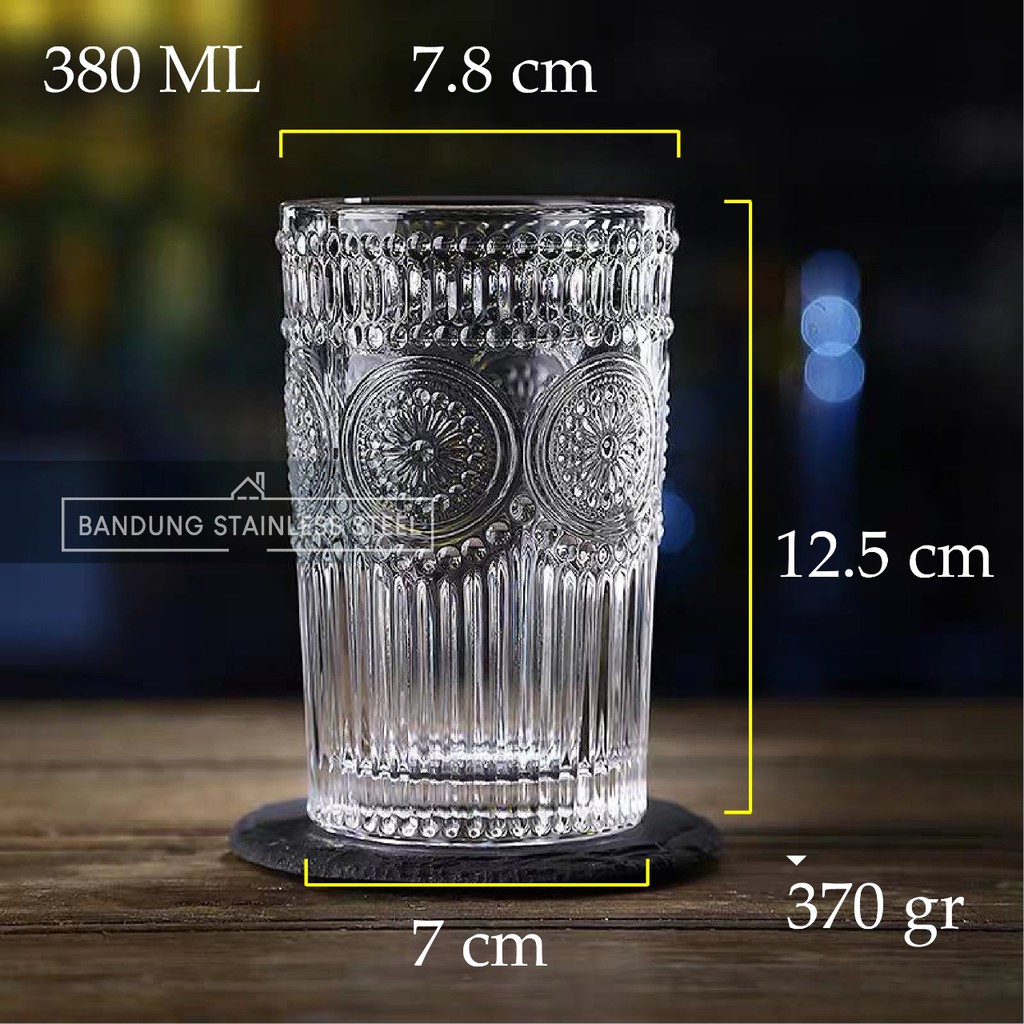 Vintage Retro Gelas Kaca Kristal Gelas Estetik Aesthetic Unik Cantik Drinking Glass motif timbul-380ml