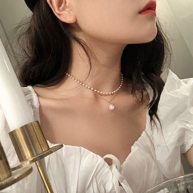 Kalung Choker Rantai Liontin Mutiara Lapisan Ganda Untuk Wanita