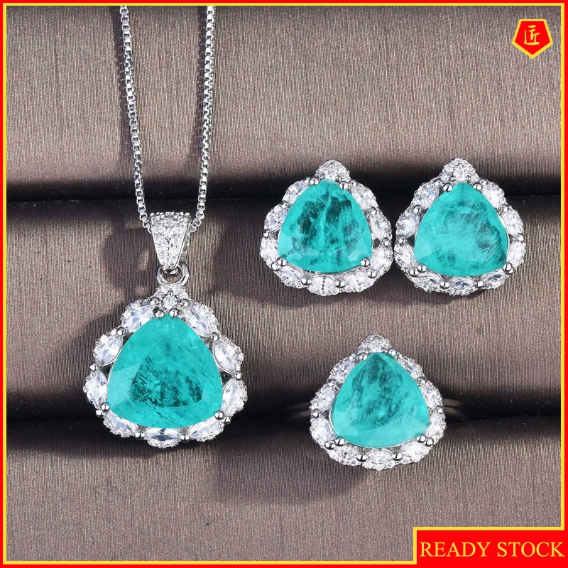 [Ready Stock]Fashion Triangle Green Colored Gems Necklace Ring Earings Set