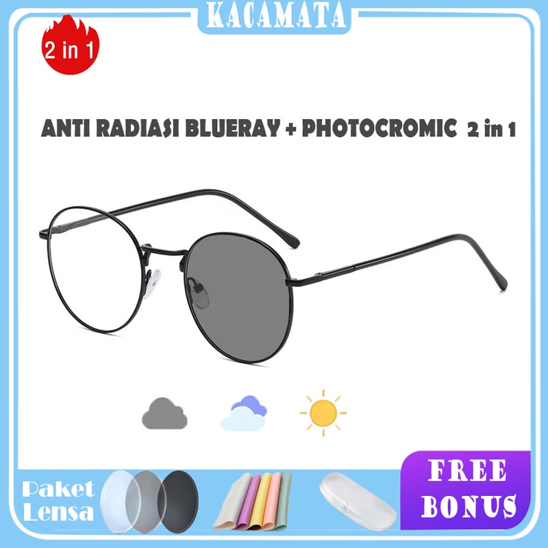 Kacamata Korea Bulat PHOTOCROMIC ANTI RADIASI BLUERAY 2in1 Fashion Kekinian pria dan wanita 9018-3
