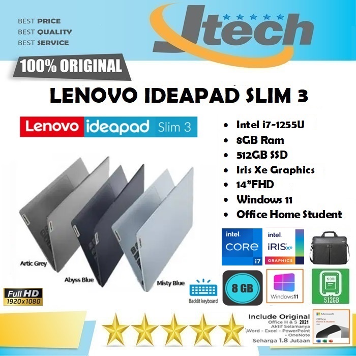 LENOVO IDEAPAD SLIM 3i - i7-1255U - 8GB - 512GB SSD - BACKLIT KB - 14&quot;FHD IPS - WIN11 - OFFICE HOME STUDENT