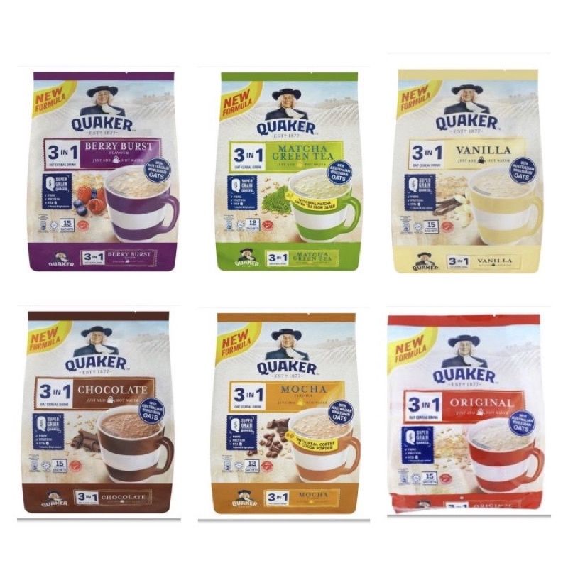 

Quaker 3 in 1 Oat Cereal /Gree teh/quaker original/Mocha/Drink Berry Burst Sachet Eceran