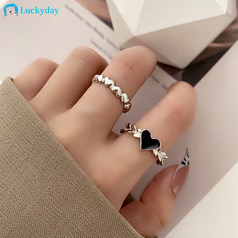 YEEZII Set Cincin Model Terbuka Adjustable Desain Hati Warna Hitam Gaya Retro Untuk Wanita