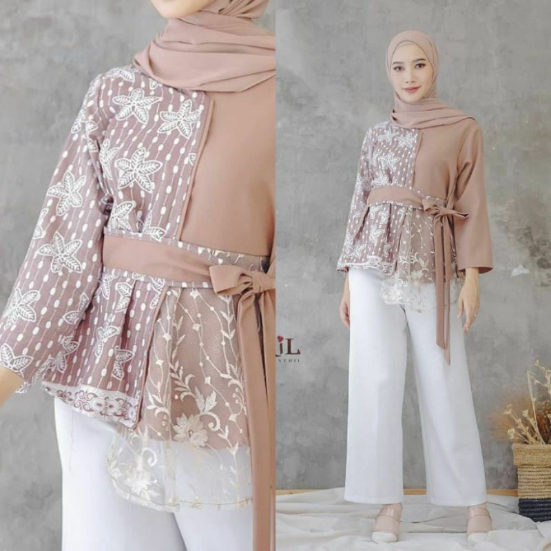 tey-17 Batik wanita ASJ SA HRB026 Kenongo Kemeja Tosca Pendek-TILE MOCA