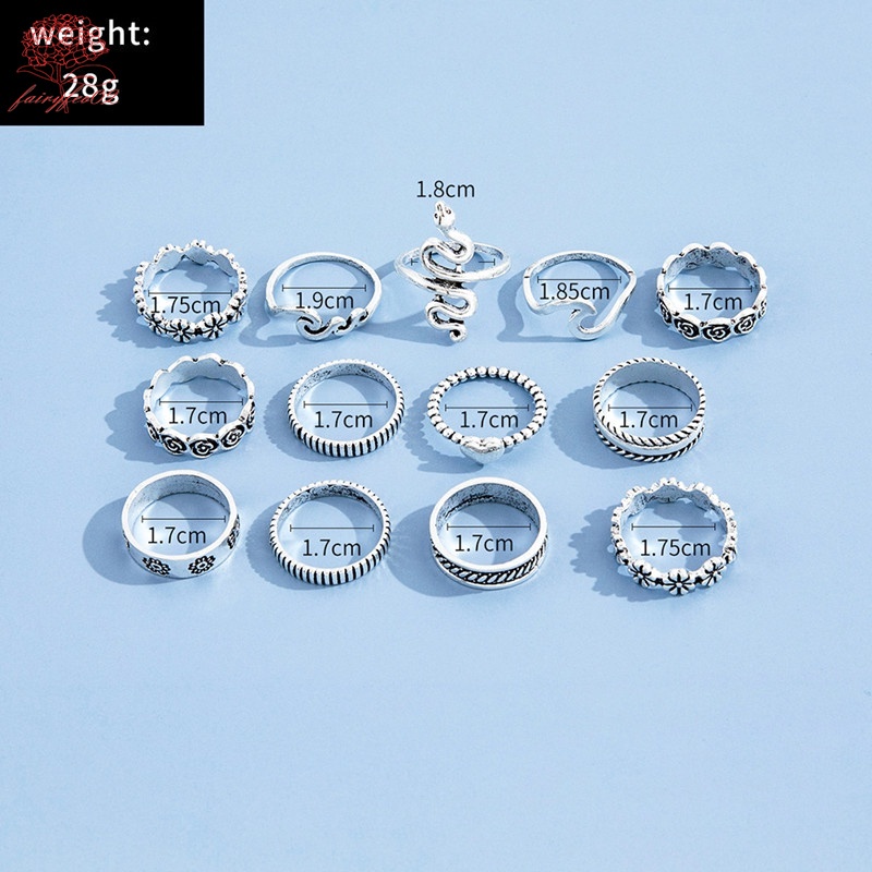 13pcs / set Cincin silver Bentuk Ular / Bunga / Gelombang Gaya Vintage Untuk Wanita