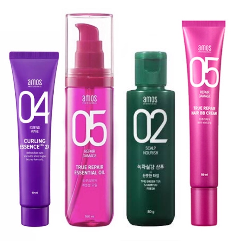 AMOS PROFESSIONAL Green Tea Shampoo, Curling Essence 2X Bouncy Wave, True Repair Essential Oil, True