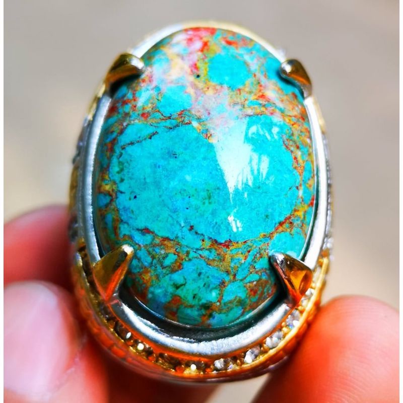 Cincin Batu Akik Pirus Kuno Mesir Serat Emas