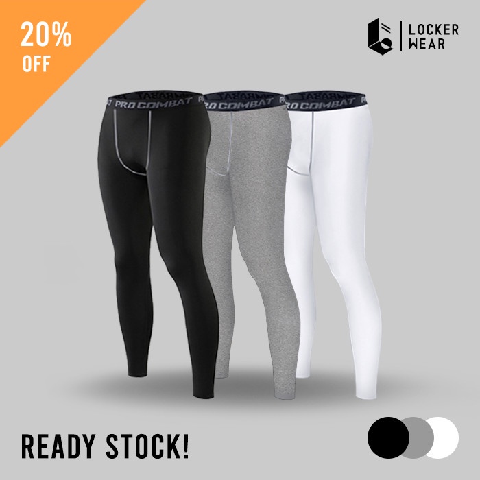 celana sport pria  Celana Legging Baselayer Panjang Olahraga Compression Pants Gym Pria - Putih, M(L
