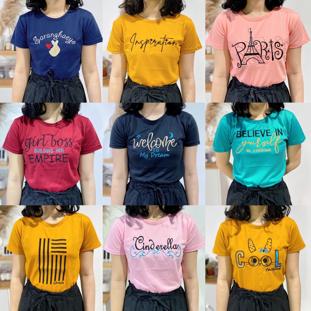 Kaos Cewek T-shirt oblong wanita atasan bordir bahan Babyterry