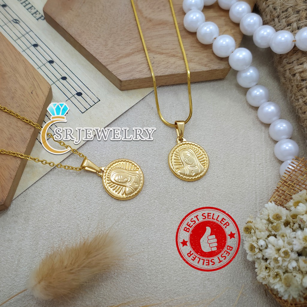 Kalung Emas Bunda Maria Bahan Titanium Se Koin / Plat Ukiran / Aksesoris Fashion Rohani