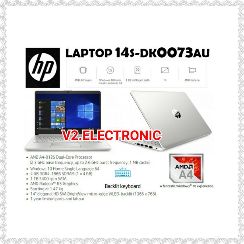 Laptop HP 14s-DK0073AU AMD A4-9125 | VGA Radeon R3 | RAM 4GB | HDD 1TB | Windows 10