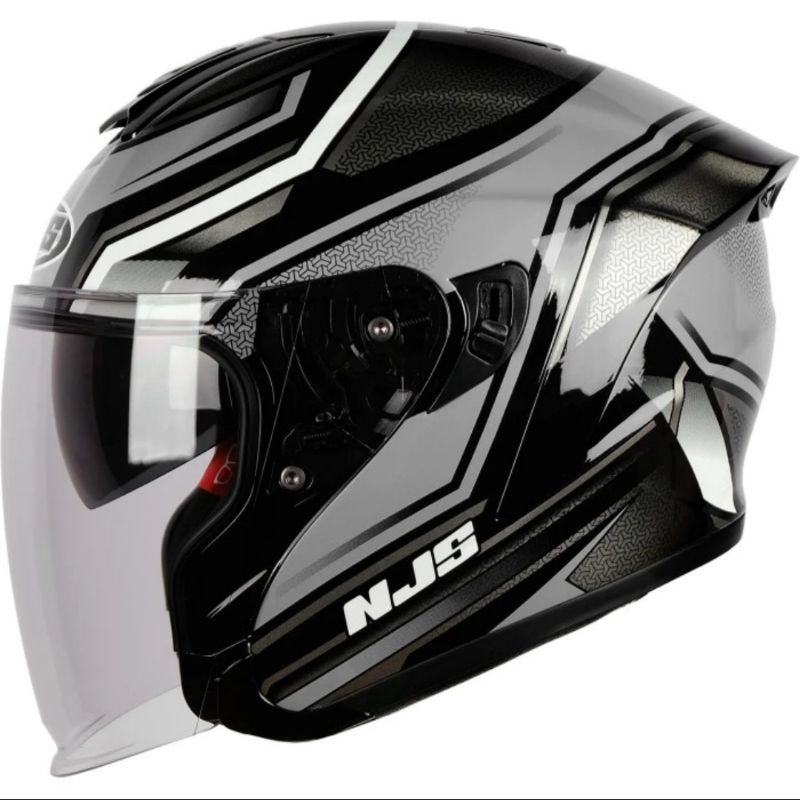 NJS KAIROZ ZENITH Black Silver Double Visor | Glossy & Doff helm half face DV original motif hitam a