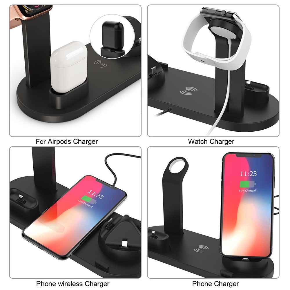 6 in 1 Wireless Charger Dock 15W Fast Charge untuk Apple Watch Airpods Charger/Samsung iPhone Wireless Charging Micro USB Type C Phone Holder