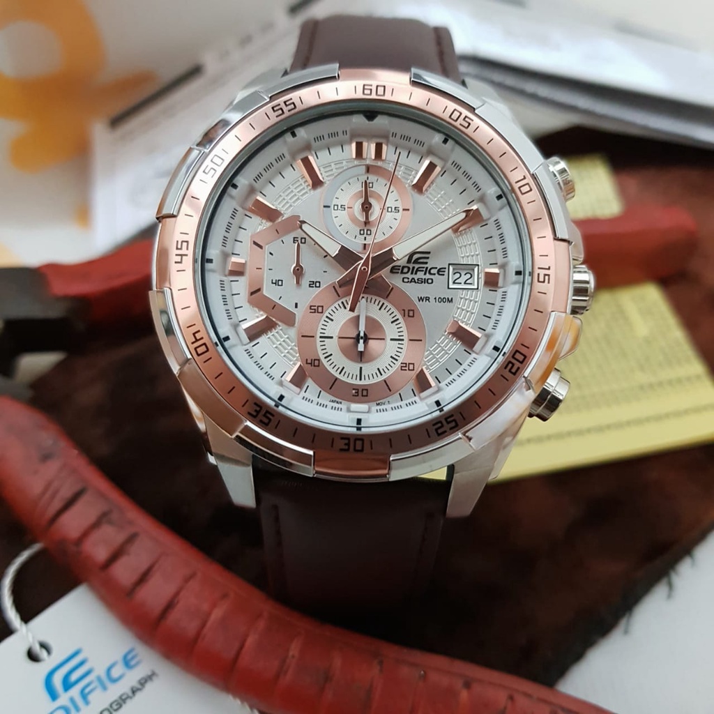 JAM TANGAN PRIA CASIO EDIFICE EFR 539 EFR539 LEATHER BROWN WHITE DIAL CHRONOGRAPH BOX ORIGINAL GARAN