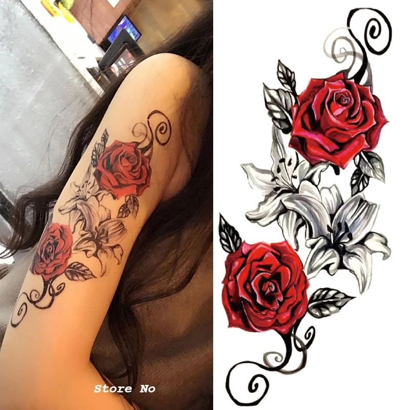 Tatto Temporary Tato Temporer Tahan Air Tahan Lama Motif Mawar Merah Perak Setengah Lengan