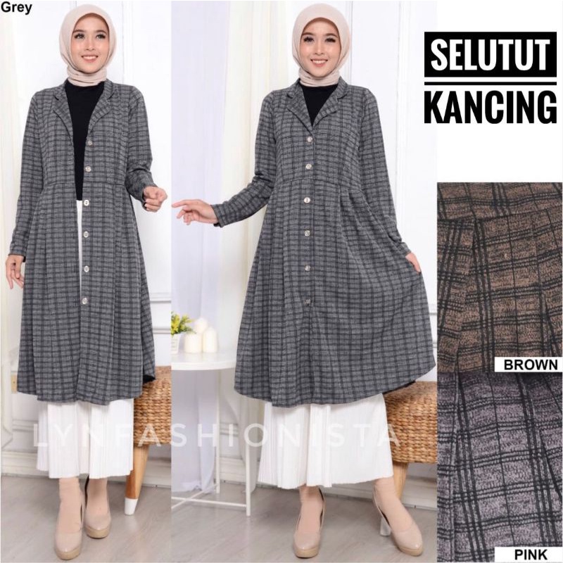 LYNFASHIONISTA-KARDIGAN PANJANG MUSLIM MOTIF KOTAK KANCING HIDUP PREMIUM TEBAL/YUREZA