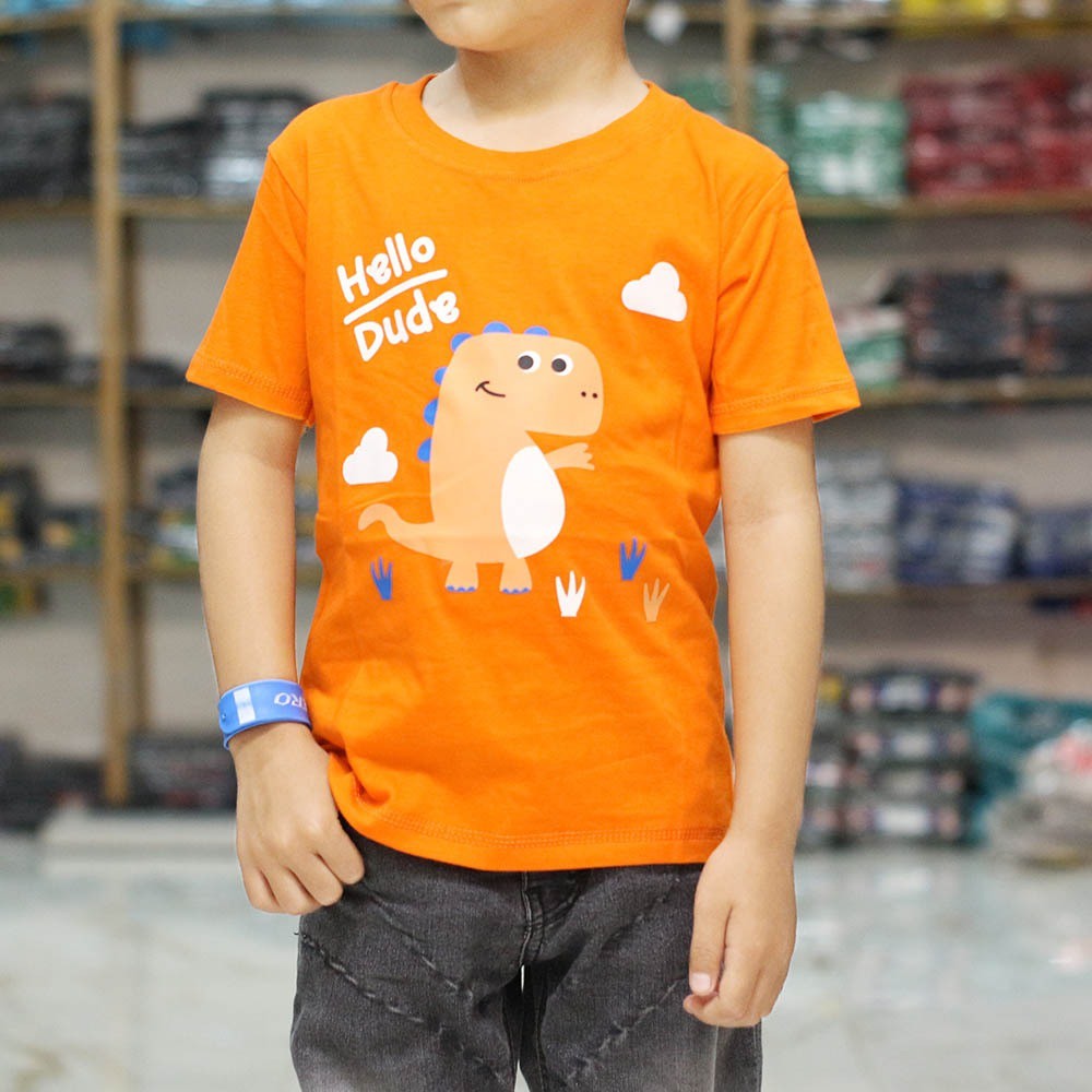  KAOS  ANAK  GAMBAR LUCU  DINOSAURUS SENYUM ORANGE PUSAT 