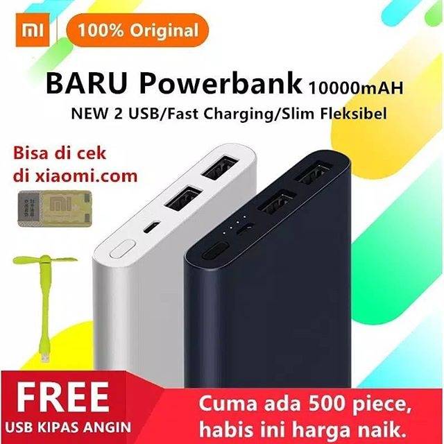 Powerbank Xiaomi Mi 2 Pro 10000mah Dual Port 2 USB FREE USB KIPAS ANGIN