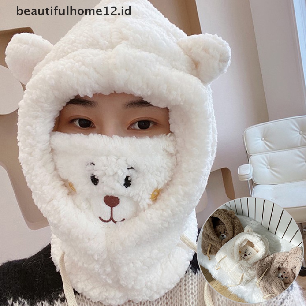 【beautifulhome12.id】 Cute Bear Ears Warm Hat Windproof Neck Scarf Cap Student Plus Cashmere Cap  .