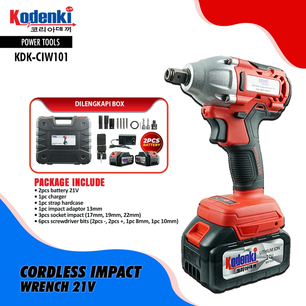 KODENKI CIW101 Mesin Impact Wrench Cordless Brushless Baterai Charger