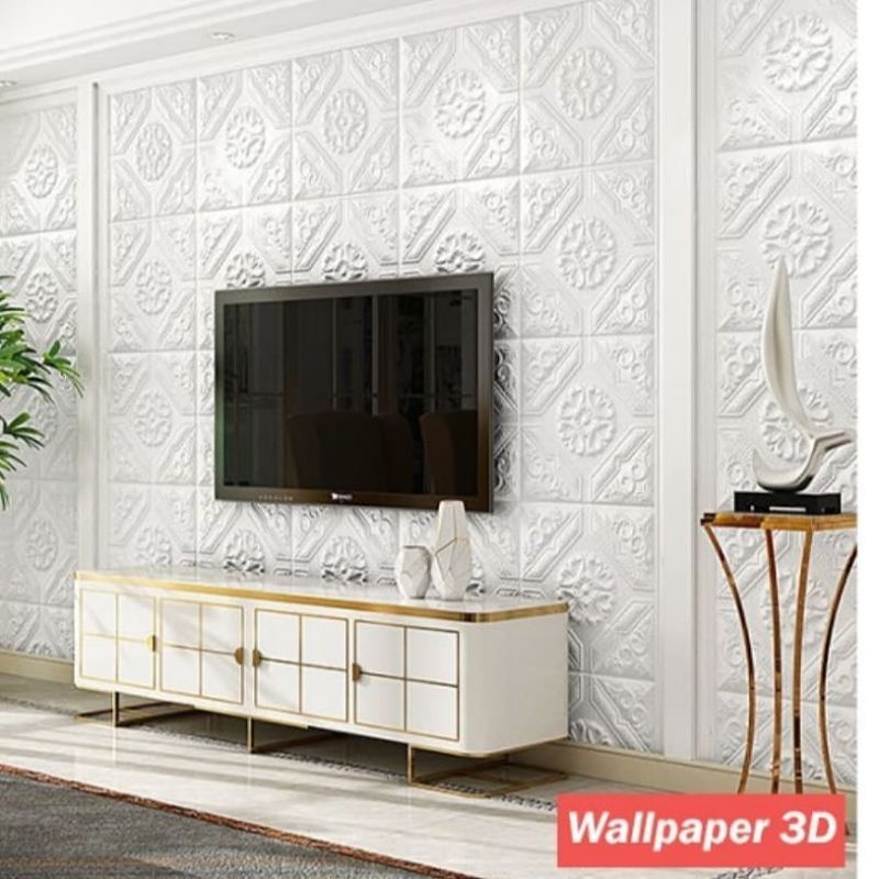 wallpaper foam dinding dan plafon permukaan timbul motif batik putih