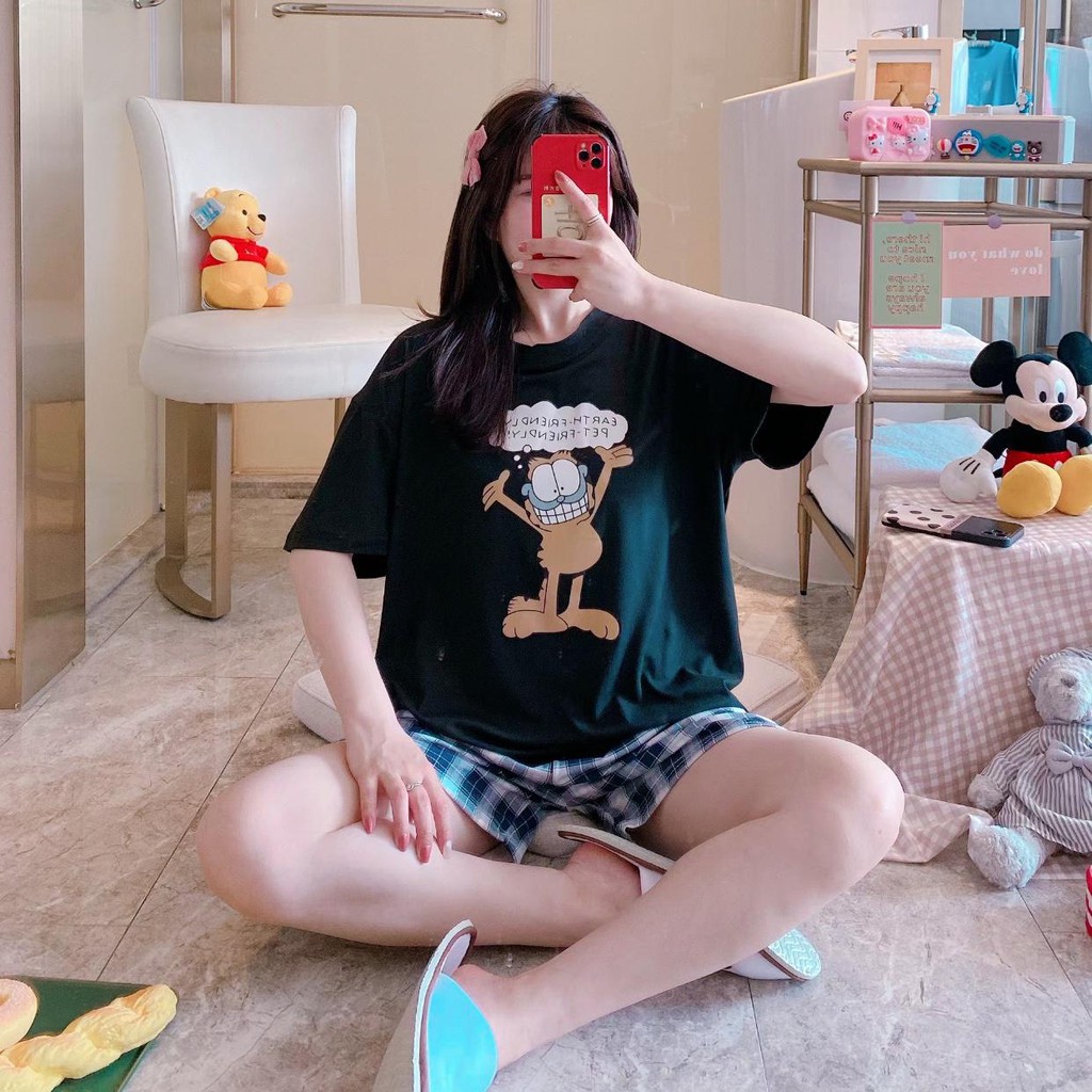 Baju Tidur Piyama Set/Piyama Wanita Import/Baju Piyama Pendek/Short Sleep Wear-J14-Hitam Garfield