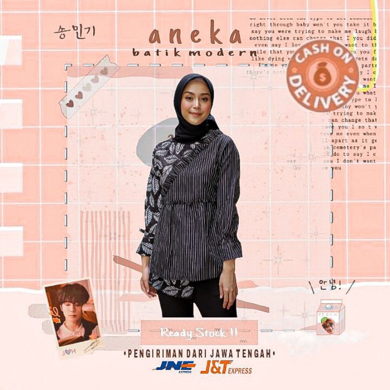 ATASAN BAJU BATIK WANITA BLOUSE MOTIF DAUN WARNA HITAM ABU GREY SILVER KONDANGAN KERJA KANTOR MURAH