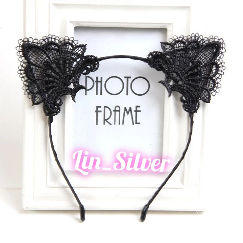 Bando Kucing Wanita / Bando Kuping Telinga Kucing Renda Brookat Hitam Cewek
