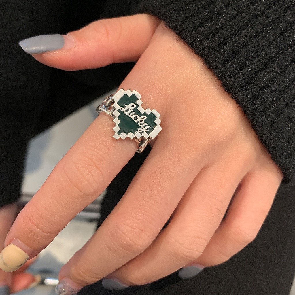 Cincin Model Terbuka Desain Mosaik Hati Warna Hijau Tua Metalik