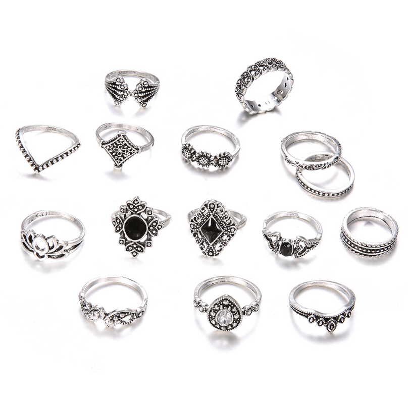 15 Pcs/Set  Fashion Silver Midi  Finger Ring Set / Ladies Smooth Fine Thin Finger Ring  / Vintage Punk Black Gemstone Rings