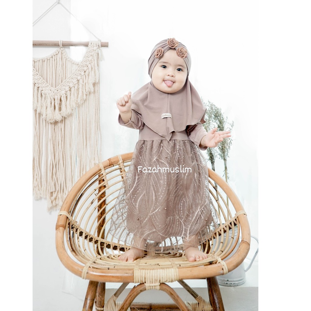 Gamis bayi, baju muslim pesta brukat tille baby, pakaian aqiqah baby