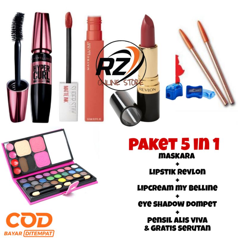 pake kosmetik lengkap 5in1 maskara + lipcream +lipstik+eyeshadow+pensil alis viva & gratis serutan p