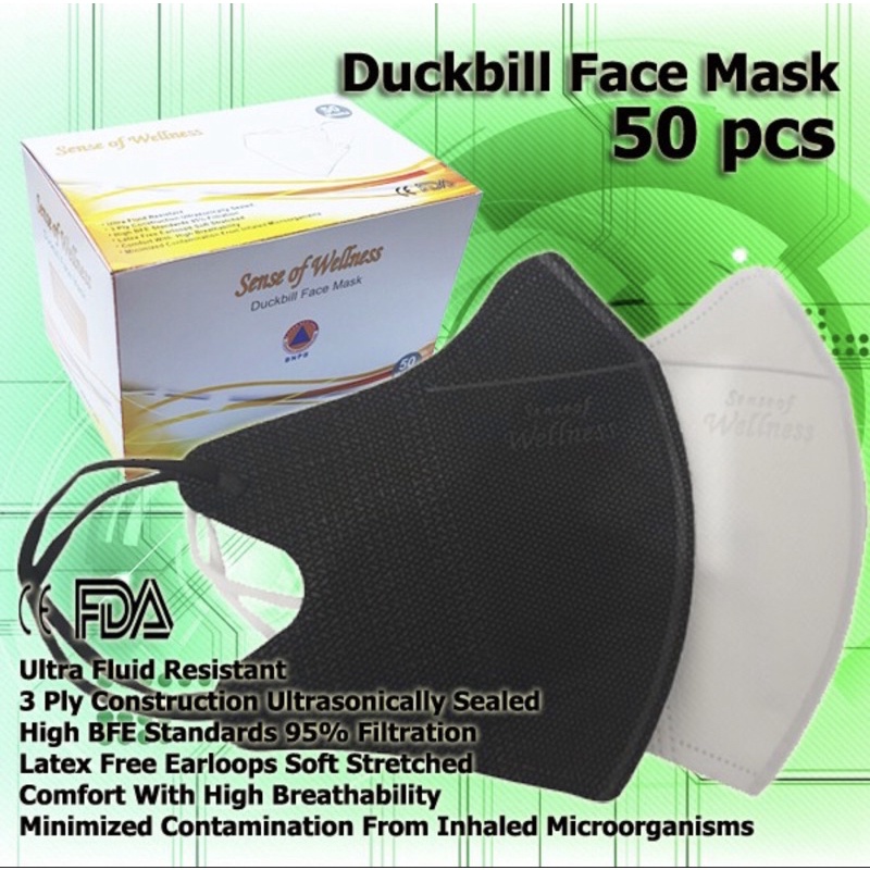 Senseof Wellness Masker Duckbill 3ply isi 50 pcs Bedah Medis Disposable Earloop Warna Hitam Putih