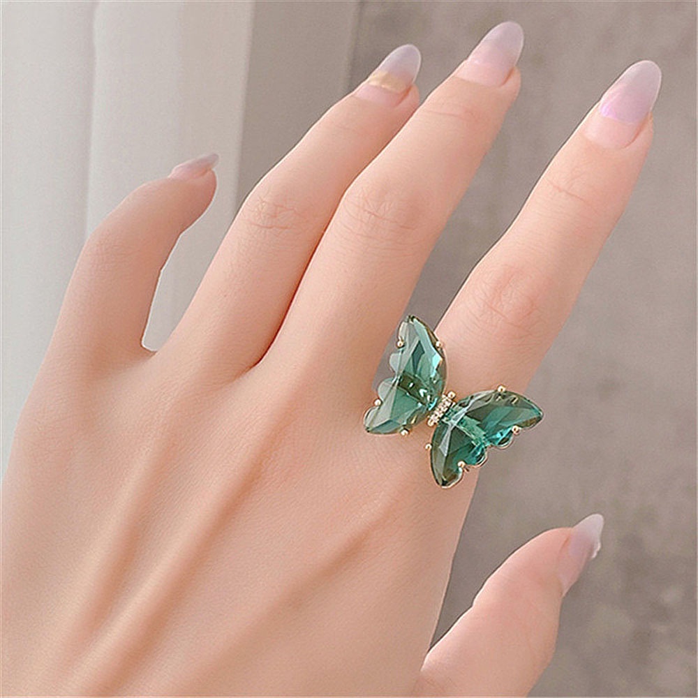 Needway  Shiny Butterfly Finger Ring Colorful Jewelry Open Ring Women Simple Style Transparent Candy Color Elegant Fashion Gift For Women/Multicolor