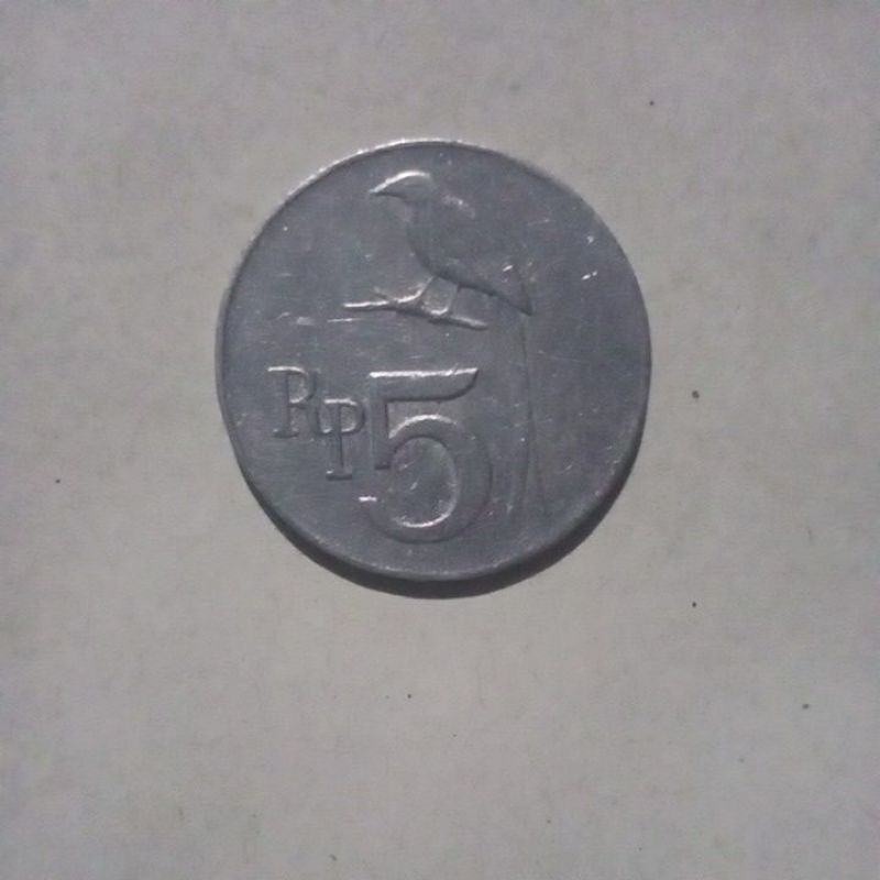 Uang koin kuno 5 rupiah  burung tahun1970