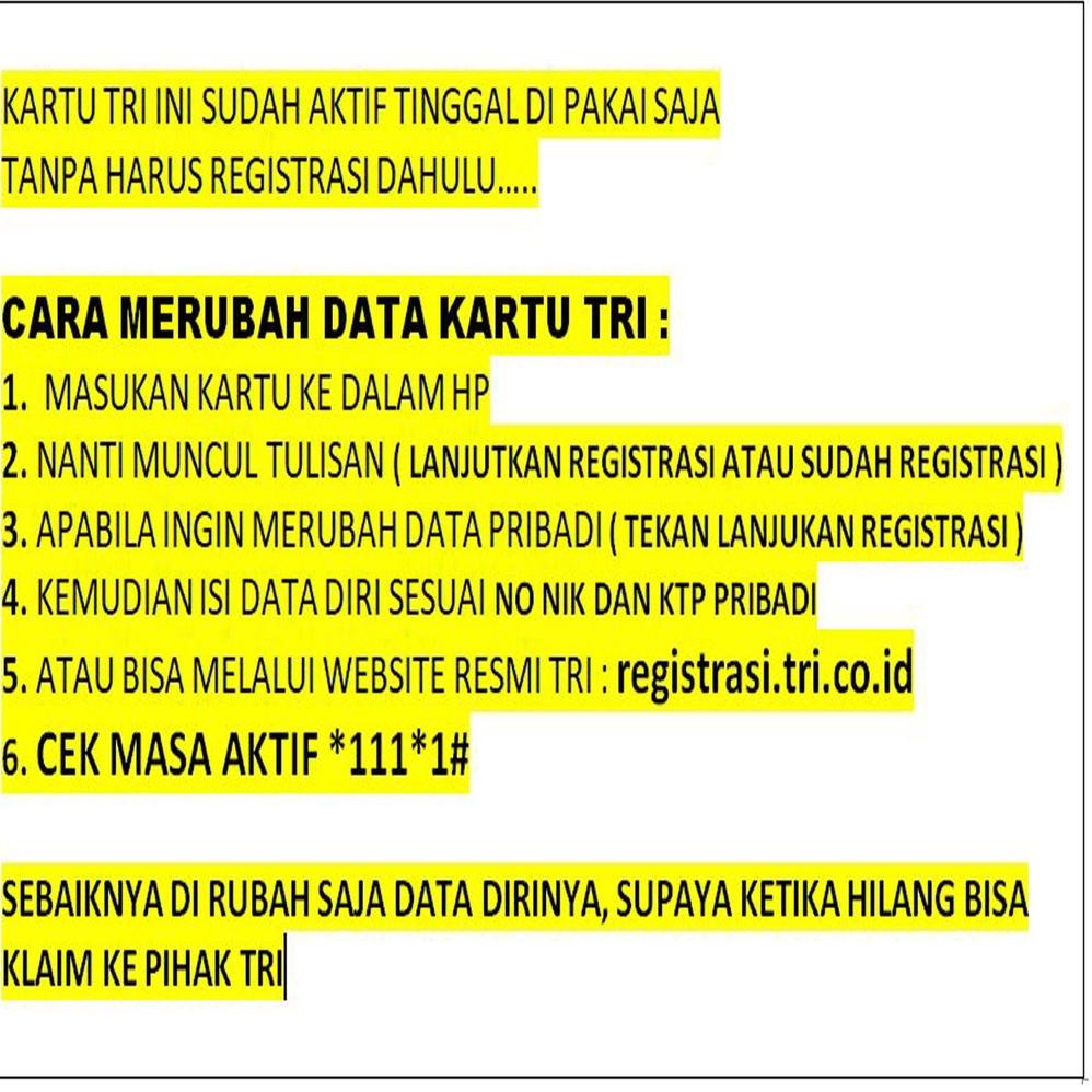 [KODE PRODUK EV7TQ4487] KARTU PERDANA TRI AKTIF 5-10 TAHUN SUDAH REGISTRASI