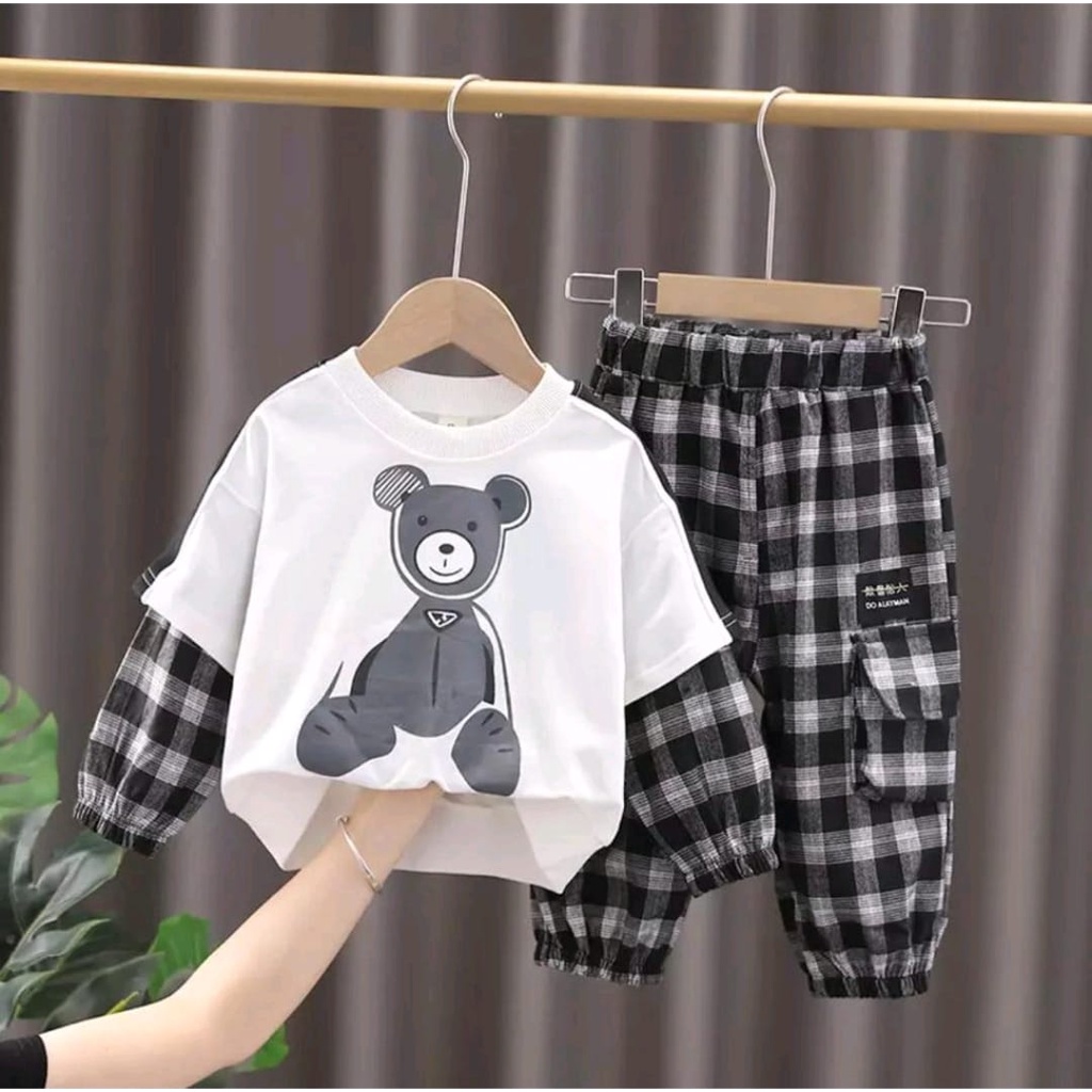 promo free ongkir setelan baju anak terbaru bayi anak motif bear panda kotak kotak size 1-5 tahun bahan katun lembut/ setelan baju anak terbaru bayi anak laki laki/ setelan baju anak terbaru bayi anak perempuan/ setelan baju anak terbaru bayi anak cowo